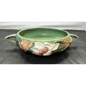 Vintage Roseville Pottery Green Double Handled Magnolia Bowl 447-6 1940's MCM